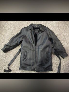 Vintage Tanners Ave Leather Trench Coat Women's Medium, Black Lined Zip Up Hood